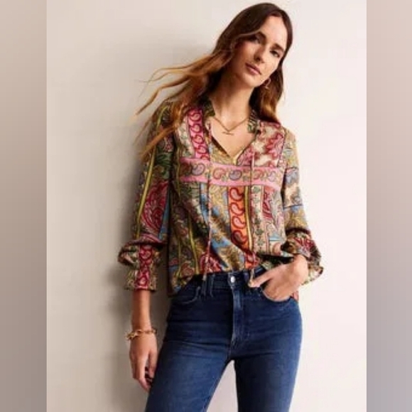 BODEN Romantic Top Women Colorful Blouse Size 2 Silk And Viscose Fabric Loose - Picture 4 of 15